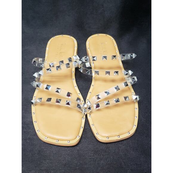 Nicole Miller New York Clear / Silver Pyramid Studded Slide on Flat Sandal - Picture 7 of 11